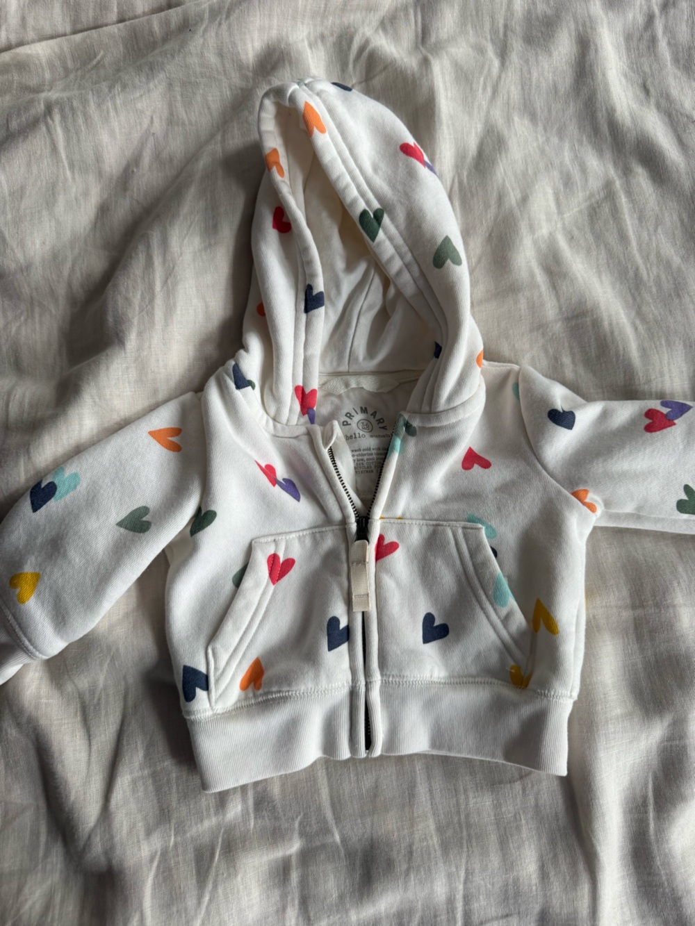 Primary White Hooded Baby Jacket with Multicolor Hearts